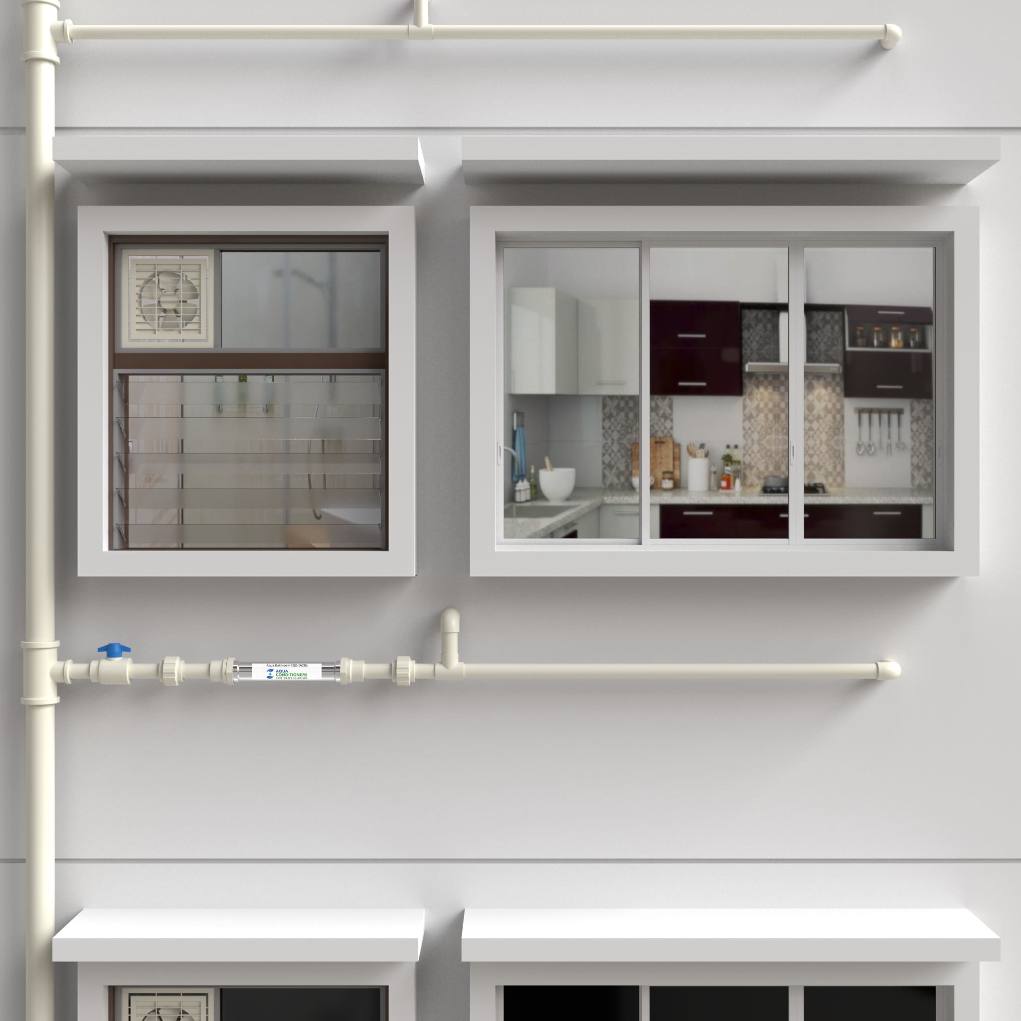 Aqua Conditioners systems fitted for a bathroom and a kitchen off a single mainline