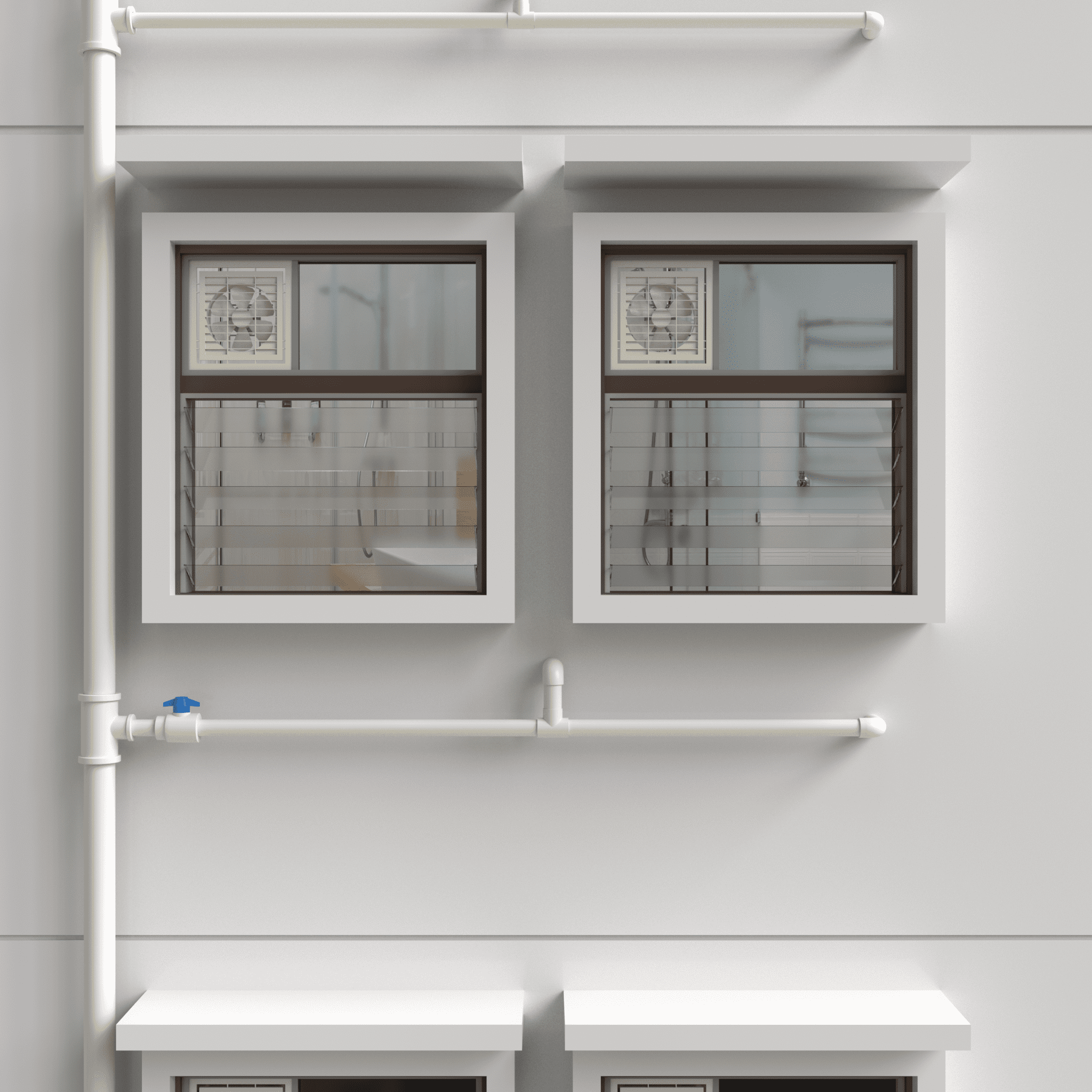 Single mainline pipe feeding two bathrooms, where the Aqua Bathroom 1520 is installed