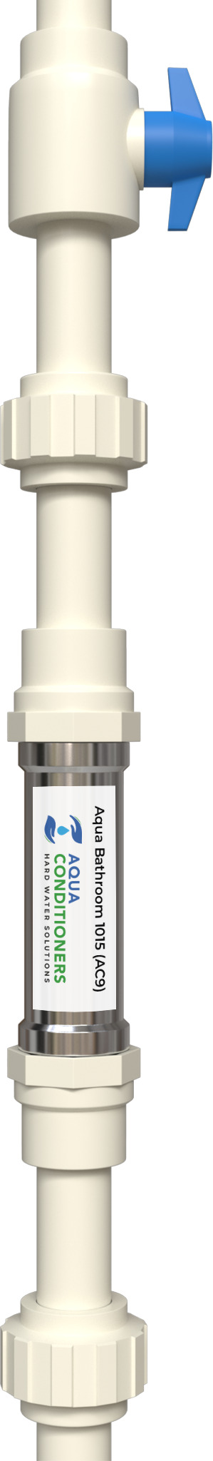 The Aqua Bathroom Series manifold assembled on a vertical bathroom mainline: a ball valve at the top, then a union either side of the Aqua Bathroom 1015 (AC9) conditioner