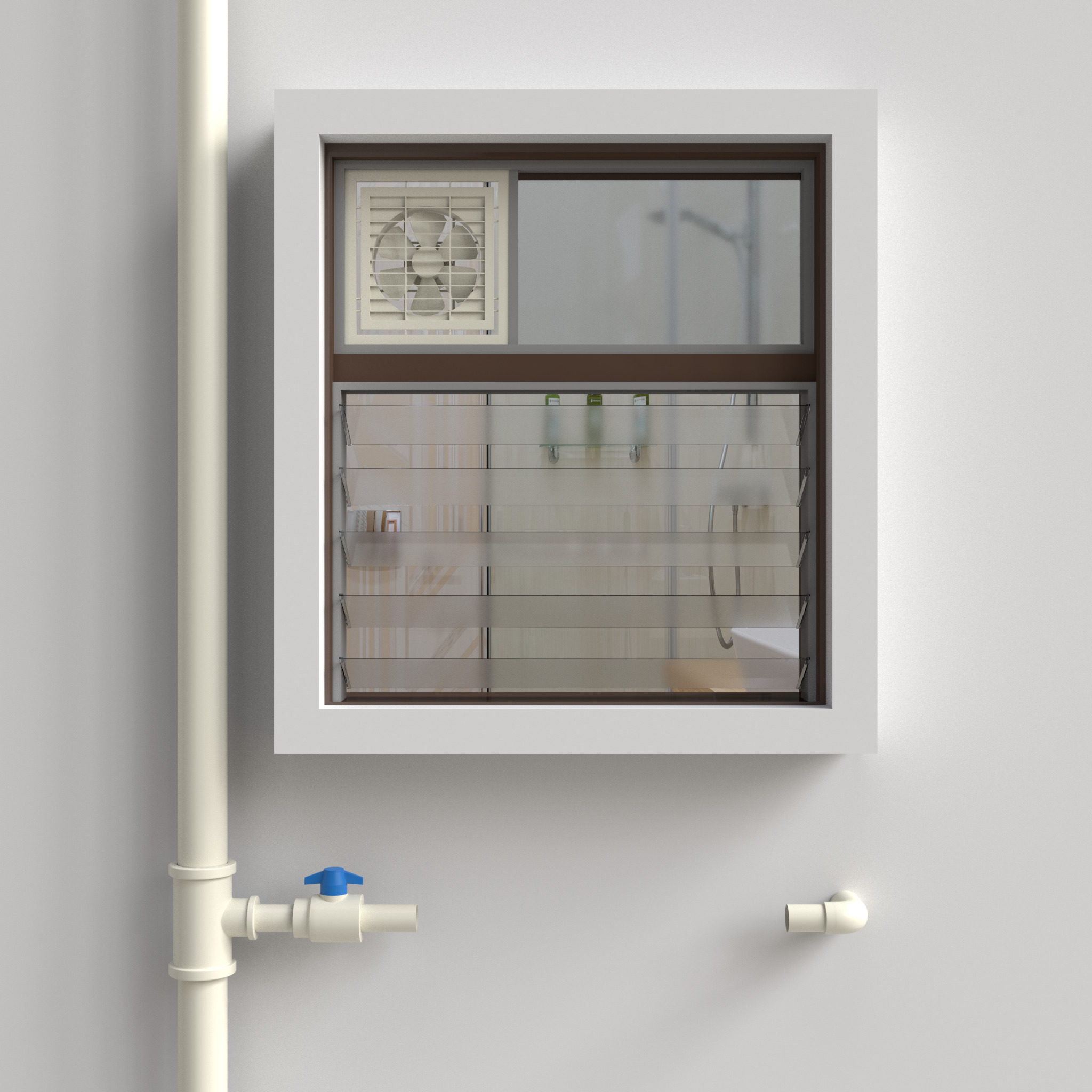 Where to cut for a flat: the bathroom mainline running down an outside wall beside the bathroom window, with its ball valve and the open pipe stub waiting for the conditioner
