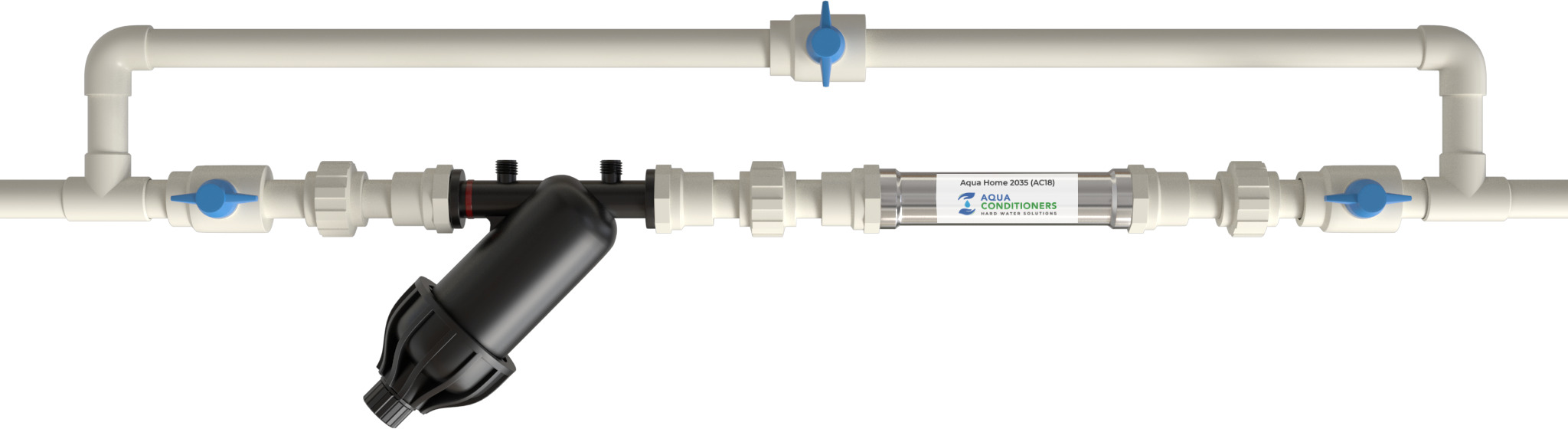 The Aqua Home Series manifold assembled on a horizontal mainline: isolation ball valves, unions, the modular disc filter and the Aqua Home 2035 (AC18) conditioner, with a bypass loop running above it