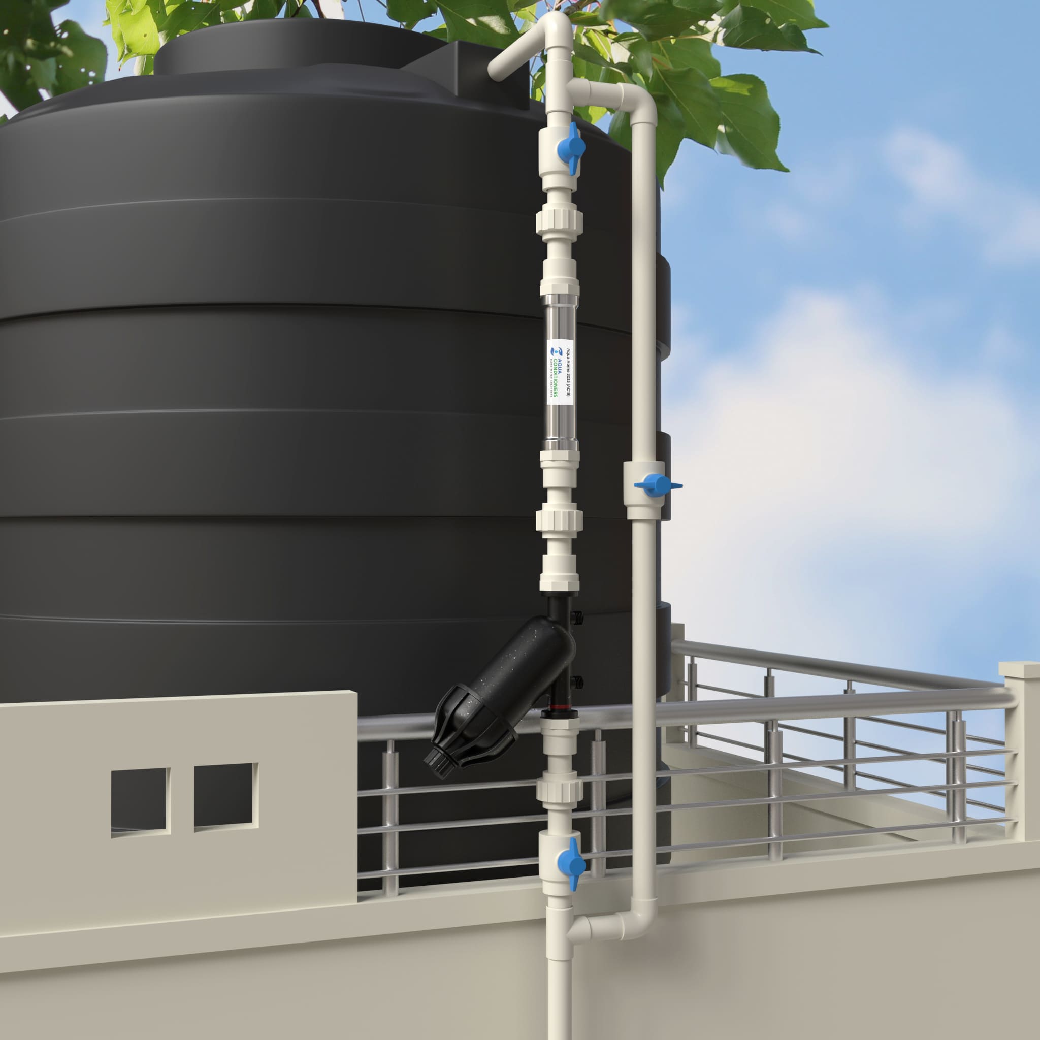 The finished job on a rooftop: the Aqua Home 2035 (AC18) conditioner and modular disc filter fitted into the tank outlet line, with a bypass and shut-off valves either side