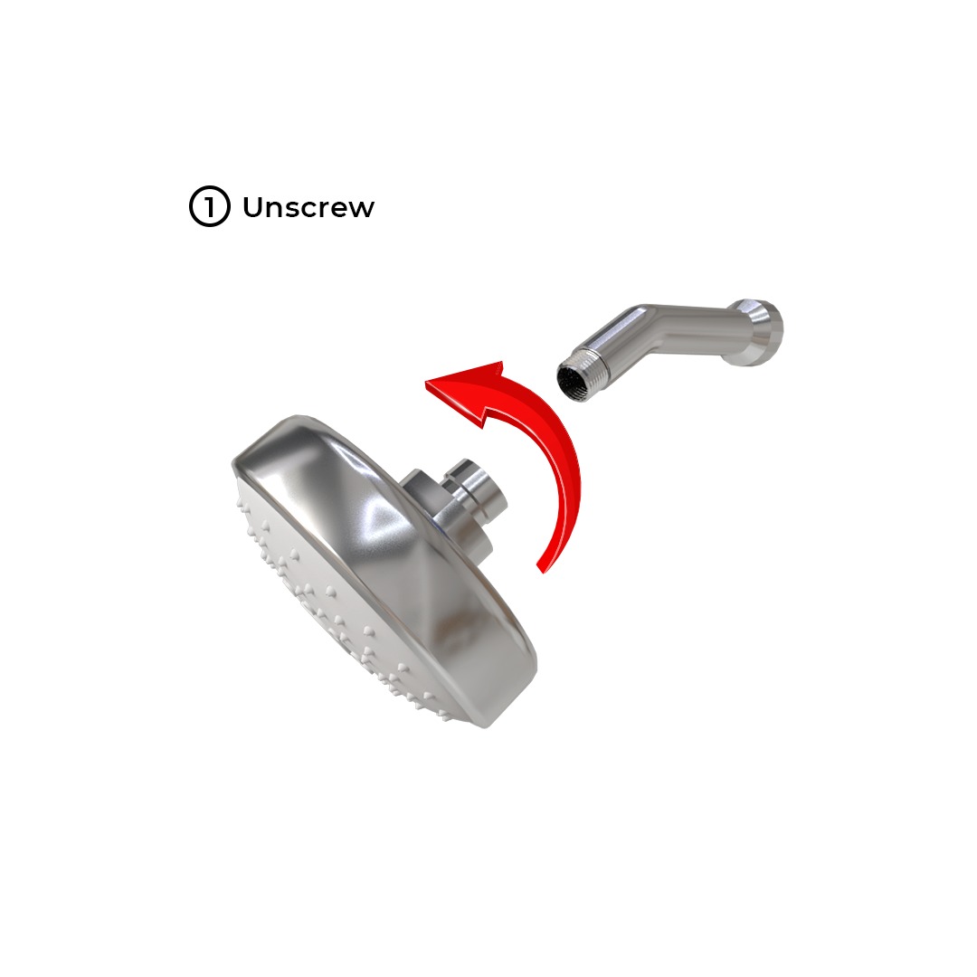 Step 1: the shower head being unscrewed and lifted away from the threaded shower arm