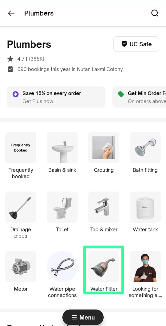 The Plumbers service page in the Urban Company app, with the Water Filter tile ringed in green
