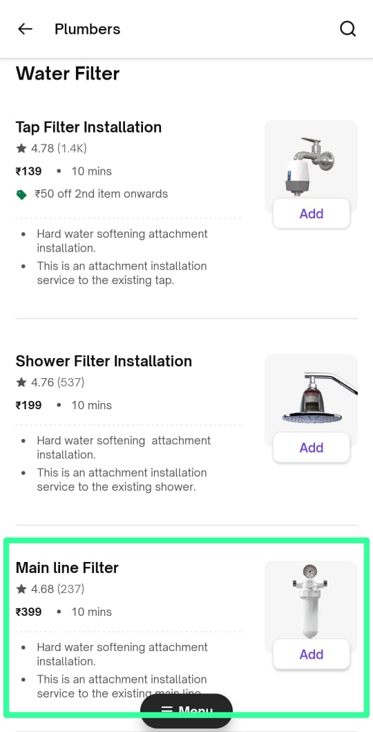 The Water Filter service list with Main line Filter ringed in green, the booking to choose for the Aqua Bathroom and Aqua Home Series