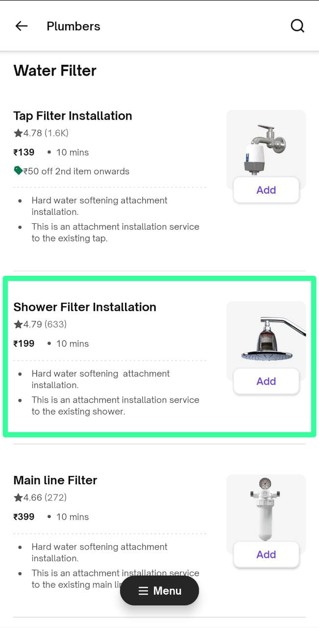 The Water Filter service list with Shower Filter Installation ringed in green, the booking to choose for Aqua Shower Premium