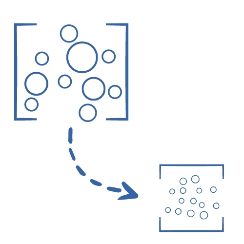 Diagram of a beaker of large mineral particles feeding into a second beaker where the same minerals are many times smaller